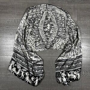 Pineda Covalin Silk Poncho Black White Tribal Elephant Print Made in Mexico